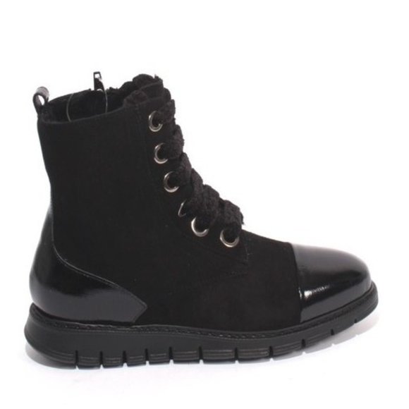 ITALIAN Black Suede Patent Leather Fur Ankle Boots - Picture 3 of 9